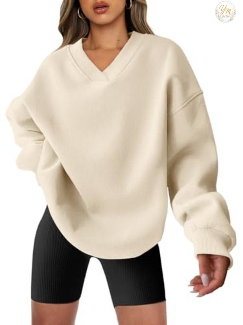 Oversized V Neck Fleece Pullover Sweatshirt Drop Shoulder Long Sleeve